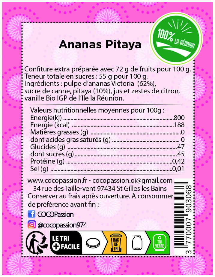 confiture extra ananas pitaya confiture artisanale avec des fruits exotique coco passion l'atelier de haute confiture Île de la Réunion