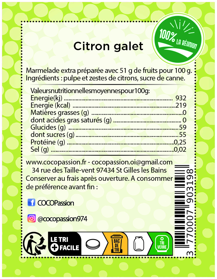 marmelade extra de citron galet confiture artisanale fruit exotique coco passion l'atelier de haute confiture ile de la reunion France
