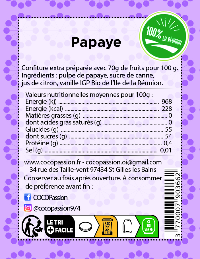 confiture extra de papaye confiture artisanale fruit exotique coco passion l'atelier de haute confiture ile de la reunion France