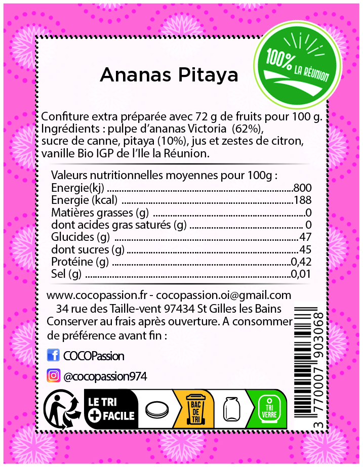 confiture extra d'ananas pitaya confiture artisanale fruit exotique coco passion l'atelier de haute confiture ile de la reunion France