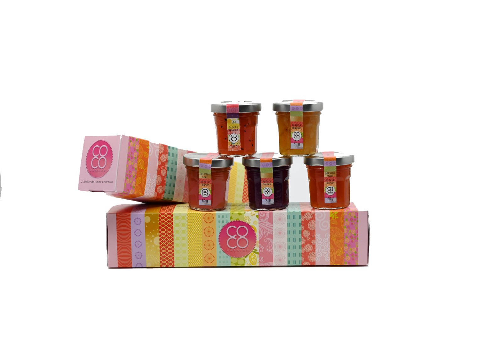 Coffret 50g -confiture- artisanale -coco- passion-ile de la réunion coffret de mini- confiture- artisanale-coco-passion- ile de la réunion