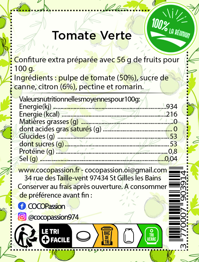 confiture extra tomate verte confiture artisanale fruit exotique coco passion l'atelier de haute confiture ile de la reunion France
