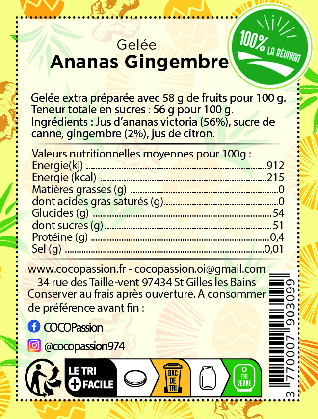 gelée extra ananas gingembre confiture artisanale avec des fruits exotique coco passion l'atelier de haute confiture Île de la Réunion