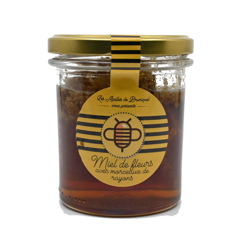 Miel de fleurs avec des morceaux de rayons
